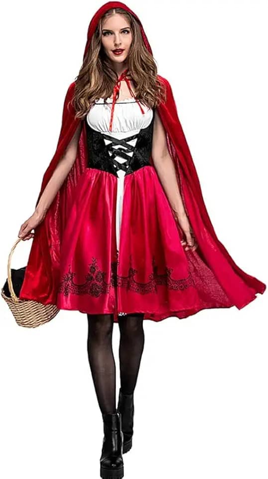 little red devil riding hood costume women, Christmas Halloween Party Dress with Cape Adult cosplay