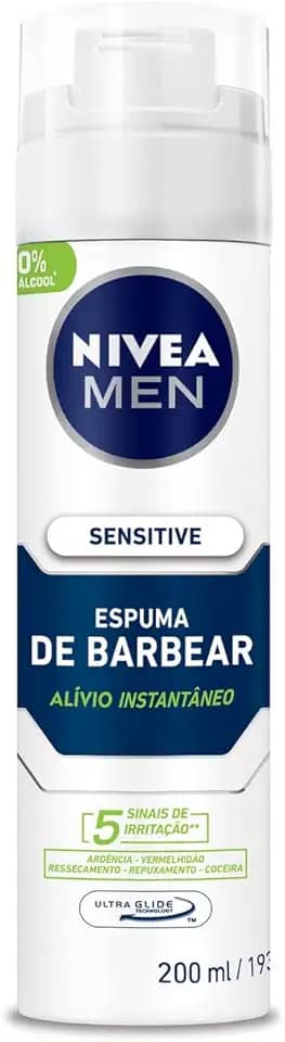 NIVEA MEN Espuma de Barbear Sensitive - Para peles sensíveis, alivia vermelhidão, com extrato de camomila e vitamina E, deslizamento suave da lâmina, reduz irritações, textura em espuma - 200ml