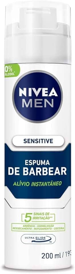 NIVEA MEN Espuma de Barbear Sensitive - Para peles sensíveis, alivia vermelhidão, com extrato de camomila e vitamina E, deslizamento suave da lâmina, reduz irritações, textura em espuma - 200ml