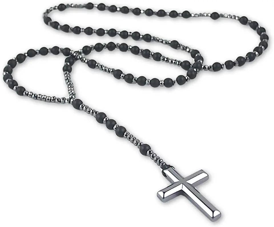 Terço Espiritual em Pedra Hematita Unissex Premium Black - Força e Proteção Pessoal + Bolsa de Veludo