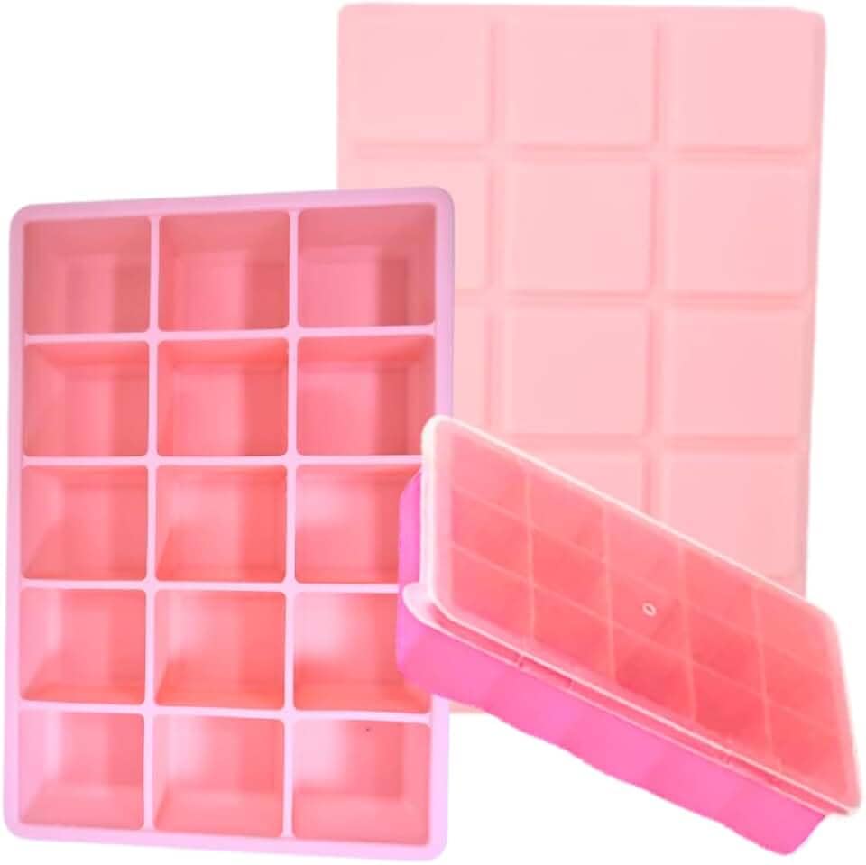 SYMEON Forma de Gelo Silicone Com Tampa Livre de BPA Flexivel 15 Cubos de 27ml Cada Prática Resistente e Reutilizável Forma Para Papinha Gelatina Frutas (FORMAGELO-ROSA)