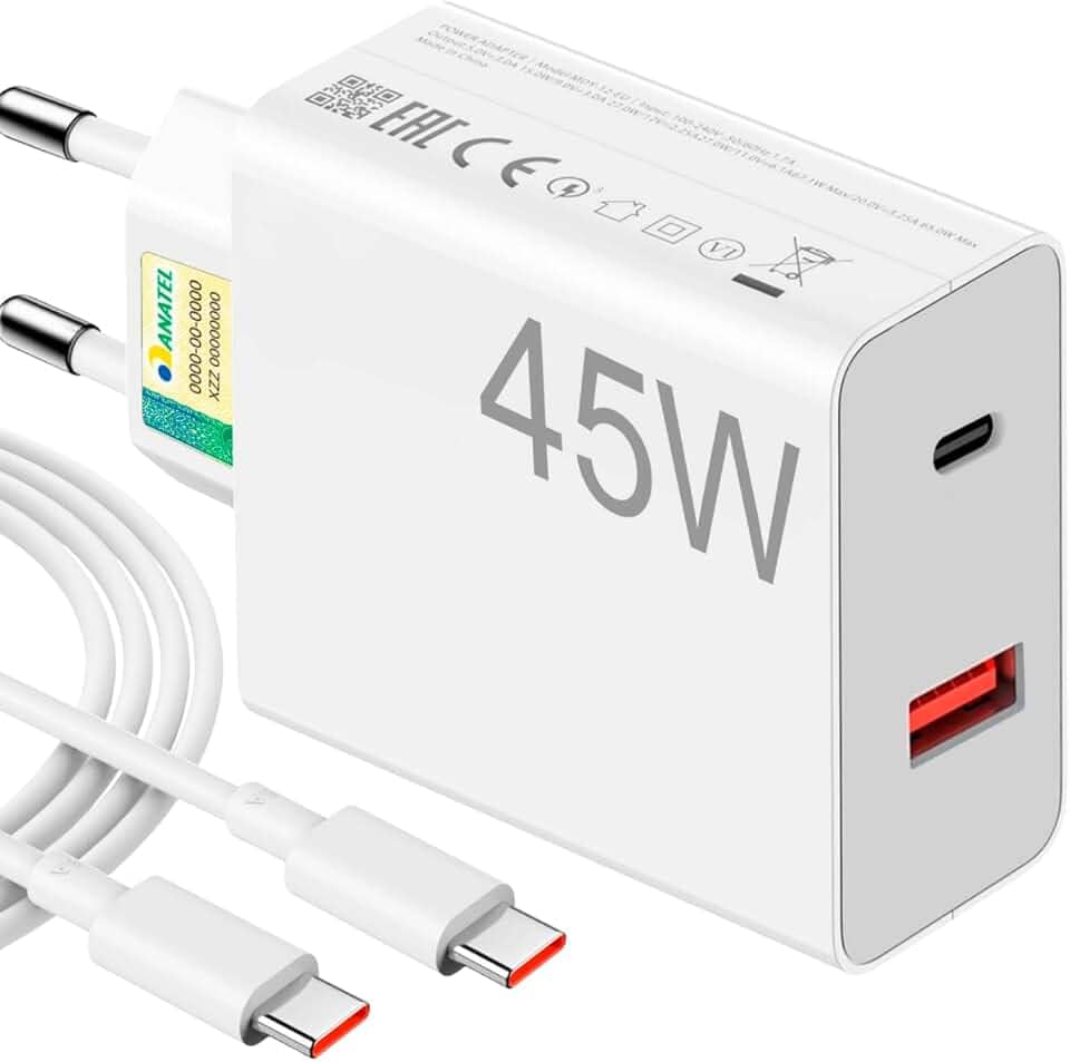 Carregador Turbo 45W Ultra Rápido Tipo C e USB Com Carregamento Rápido + Cabo Tipo C Compatível Com Todos Os Dispositivos, Android, Ios 15/16, Xiaomi - Todos Dispositivos Celulares