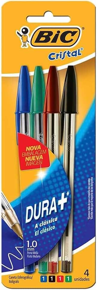 BIC, Caneta Esferográfica Escrita Média, Cristal Dura+, 4 Cores
