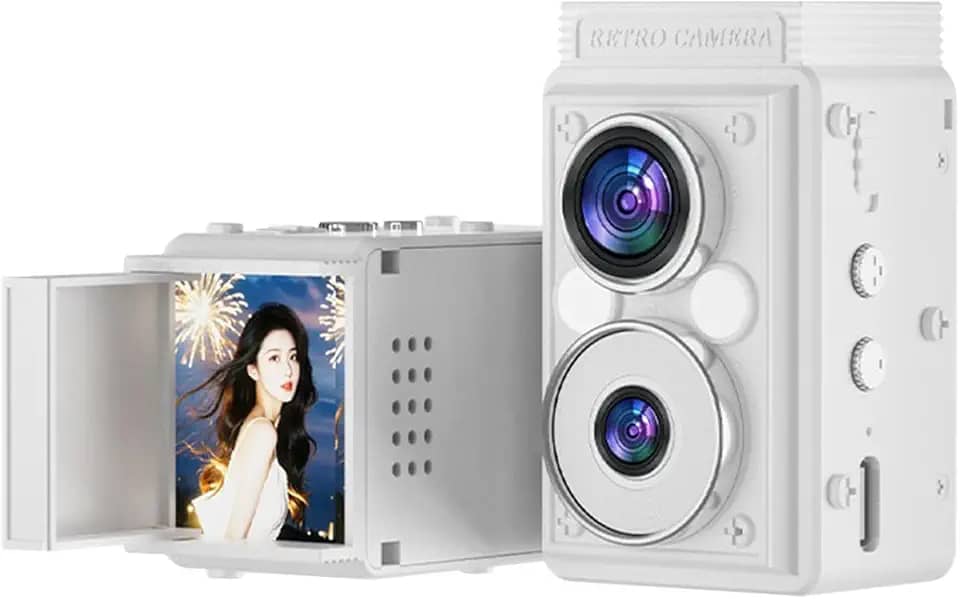 Andoer Câmera digital retrô S11, câmera CCD de lente dupla, estilo TLR portátil, apontar e fotografar, compacto, pequeno, 6 filtros para iniciantes, adolescentes, adultos, preto, branco