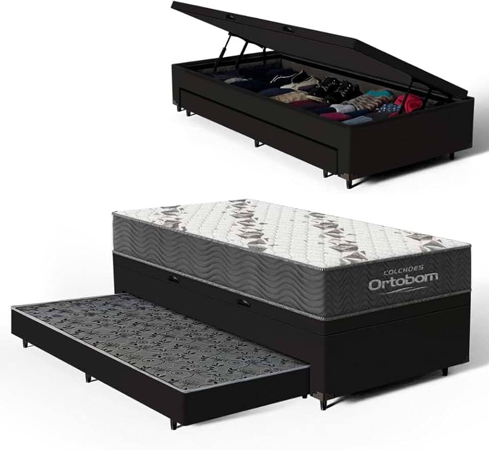 Bicama Box Baú Solteiro com Colchão de Espuma D33 Ortobom Airtech 100 + Auxiliar Unique 88cm (Preto)