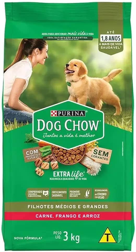 Purina Dog Chow Nestlé Para Cães Filhotes Médios E Grandes Sabor Carne Frango E Arroz Pacote 3Kg