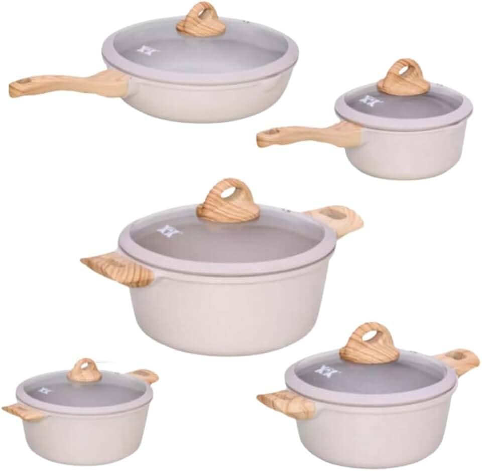 Jogo de 5 Panelas em Ceramica Acabamento Madeira, 5 Peças, Indução, Fogo, Eletrico com Tampa de Vidro. (Creme)