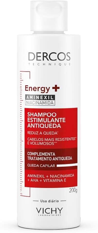 Vichy Dercos Energy+, Shampoo Estimulante, Tratamento Antiqueda para Cabelos Fracos e Quebradiços, Fortalece os Fios com Aminexil, AHA, Niacinamida e Vitamina E, 200g