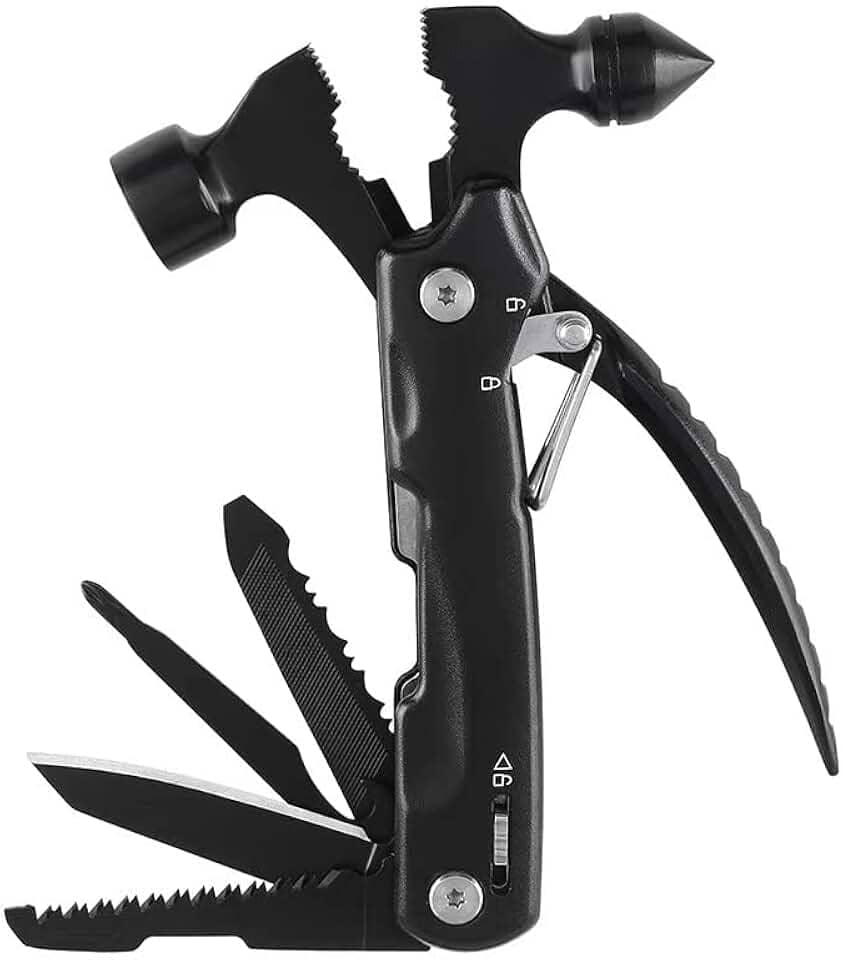 Hammer Multitool Presentes de aniversário 10 em 1 para homens, pai, marido, acessórios de acampamento, multiferramentas, acessórios essenciais de acampamento para homens, preto