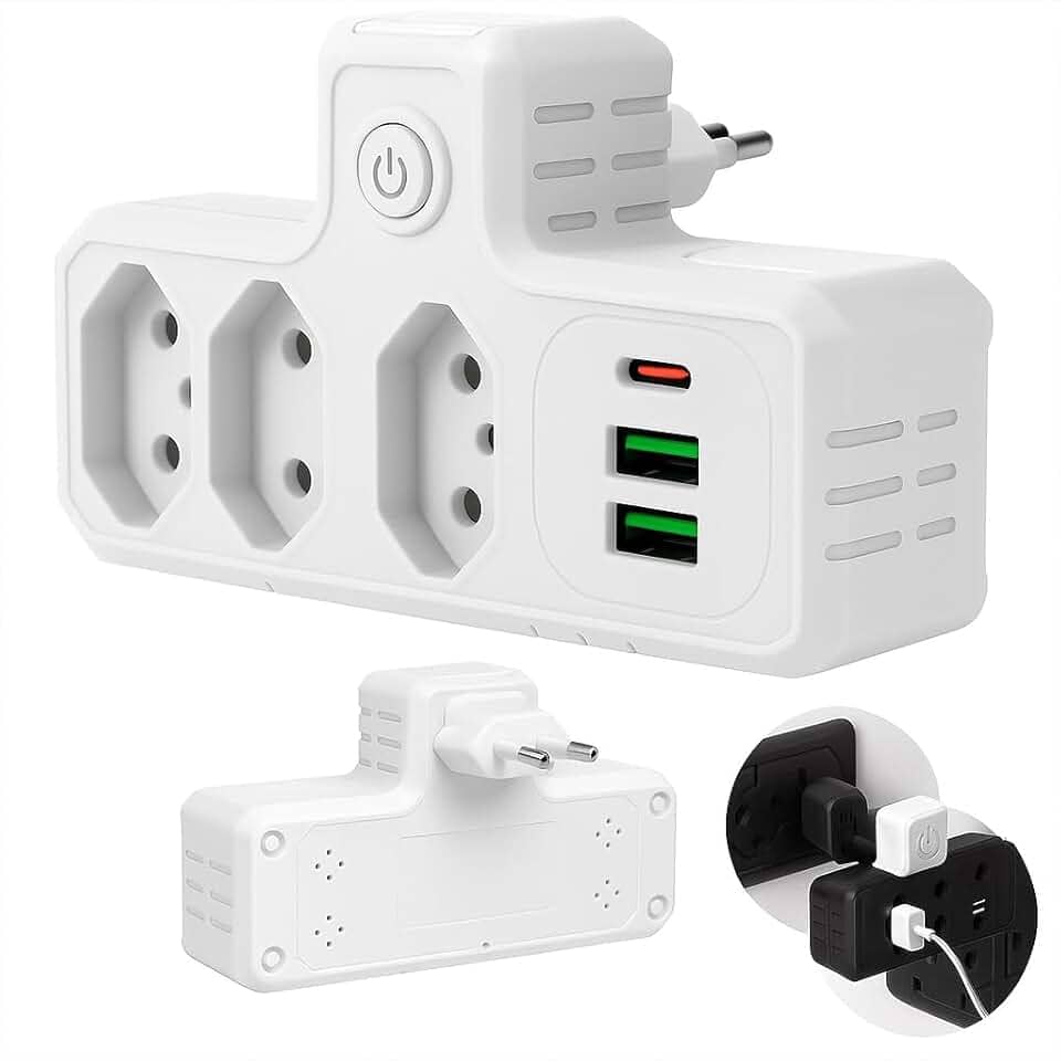 Extensão Elétrica Tomada, Régua Tomada, Régua de Energia, Adaptador Tomada, 3 Tomadas, 2 Interfaces USB, 1 Porta USB Tipo-C
