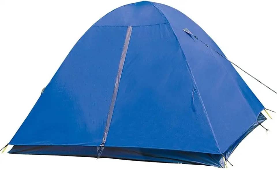 NAUTIKA, Barraca portátil para acampamento leve Modelo Fox com capacidade para 2 pessoas. Coluna d’água de 1.800mm. Modelo Iglu com sobreteto parcial. Azul e cinza