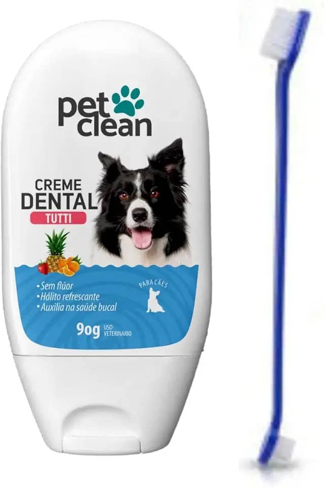 Kit Escova de Dente e Creme dental Tutti Frutti Pet Clean 90g Previne Mau Hálito Saude Bucal de Cães