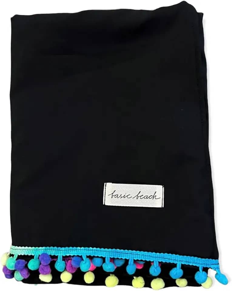 Canga de Praia lisa preta com pompom colorido