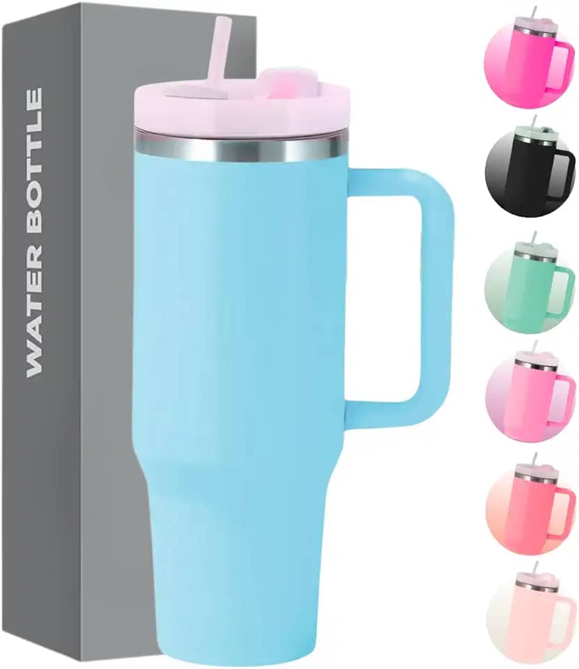 Copo Térmico com Tampa 1200 Ml Caneca Garrafa Térmica Com Canudo - Inox Parede Dupla (Azul Celeste)