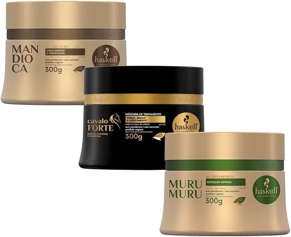 Kit Cronograma Capilar para Cabelos Ressecados Máscara Mandioca Hidratação, Cavalo Forte Reconstrução, Murumuru Nutrição