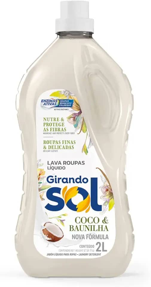 Girando Sol Lava Roupas Líquido Coco E Baunilha 2L Sabão Líquido Lava Roupa Perfumado Branco Ação Delicada Proteção E Cuidado Roupas Brancas E Coloridas