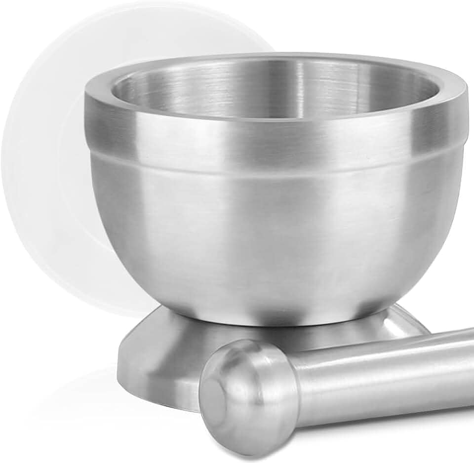 11,7 × 9,7 cm, Pilao, Aço Inoxidável Pilao Vem com Tampa, Pilão com Socador, Pilao com Socador, Pilão, Socador Alho, Socador de Alho Pilao, Prata