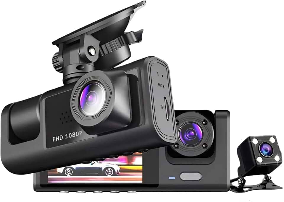 Camera Veicular Tripla 3 Lentes Full HD 1080 | Visao Noturna Frontal Interna Externa Automotiva Tela LCD" | Carro Caminhao Taxi