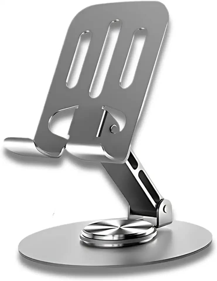 Suporta para Celular, Suporte Celular de Mesa Giratório 360° em Alumínio, Compatível com Tablet, Ajustável, Dobrável e Retrátil, Base de Metal Resistente Ideal para Escritório, Home Office e Cozinha