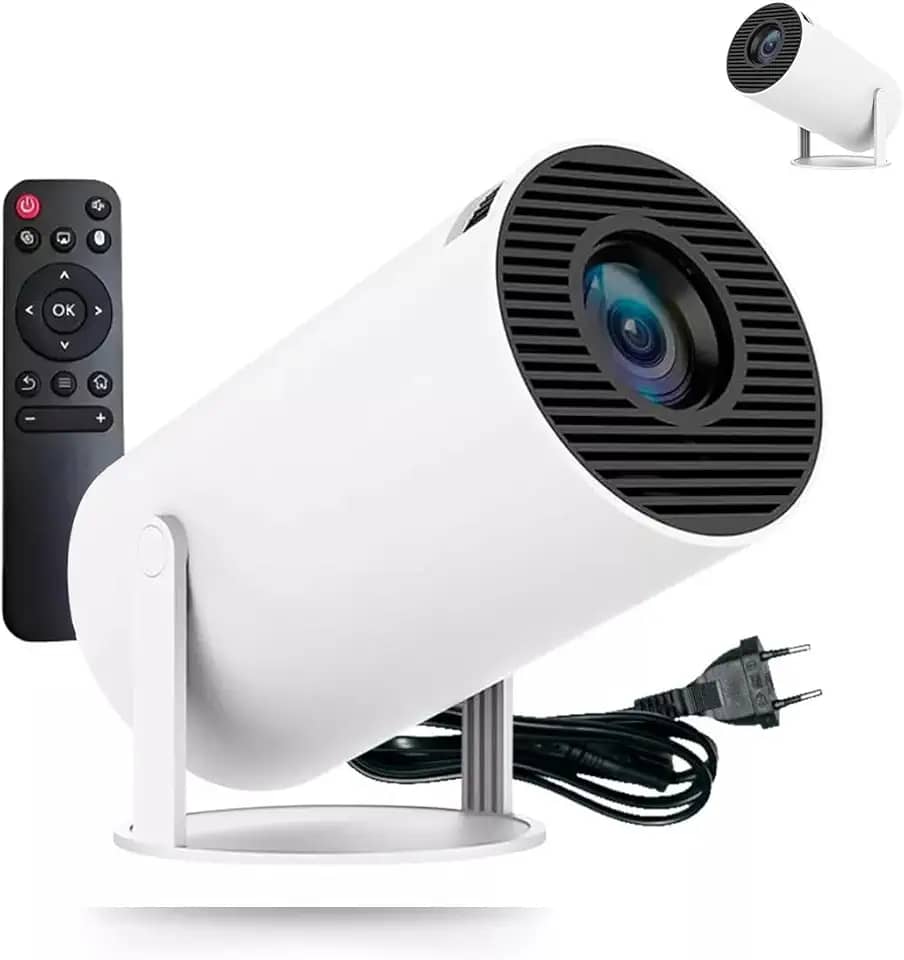 Mini Projetor Portátil HY300 Full HD 4K Controle Bluetooth 5.1 Android 13 Wi-Fi 6 160 ANSI Lumens Alto-Falante 5W Ajuste Automático Trapézio e Suporte Giratório 180° Leve para Quarto/Sala/Externas