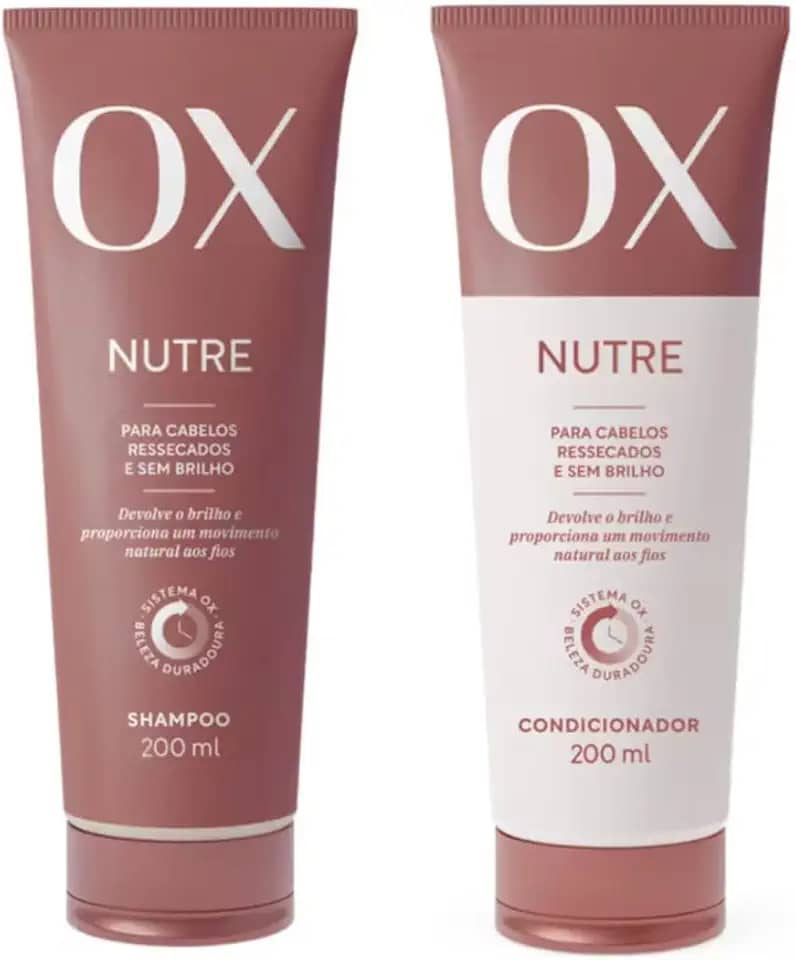 Kit Shampoo e Condicionador OX Nutre Para Cabelos Ressecados e Sem Brilho, Sistema de Beleza Duradoura, 200ml, Devolve o Brilho e Proporciona um Movimento Natural aos Fios