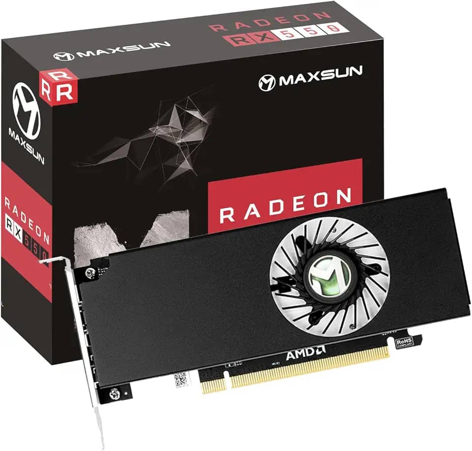 MAXSUN Placa gráfica de vídeo AMD Radeon RX 550 4 GB de perfil baixo para computador de jogos, PC, GPU GDDR5 ITX SFF HDPC 128-Bit DirectX 12 PCI Express X16 3.0, HDMI, DisplayPort
