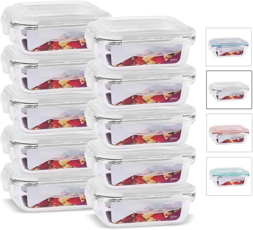 House Organizer Kit 10 Potes de Vidro Retangular com Tampa Hermética 370ml Cor:Branco (QH)