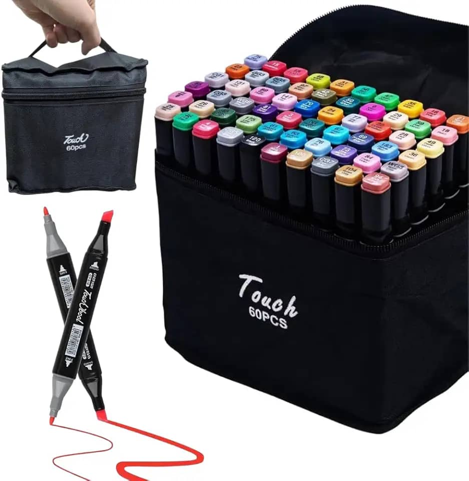 Kit 60 Cores Canetinhas Marcadores Touch Ponta Dupla + Estojo de Transporte - Canetas Permanentes Profissionais para Colorir e Ilustração Artístico e Escolar Marcador Premium Duas Pontas Coloridas