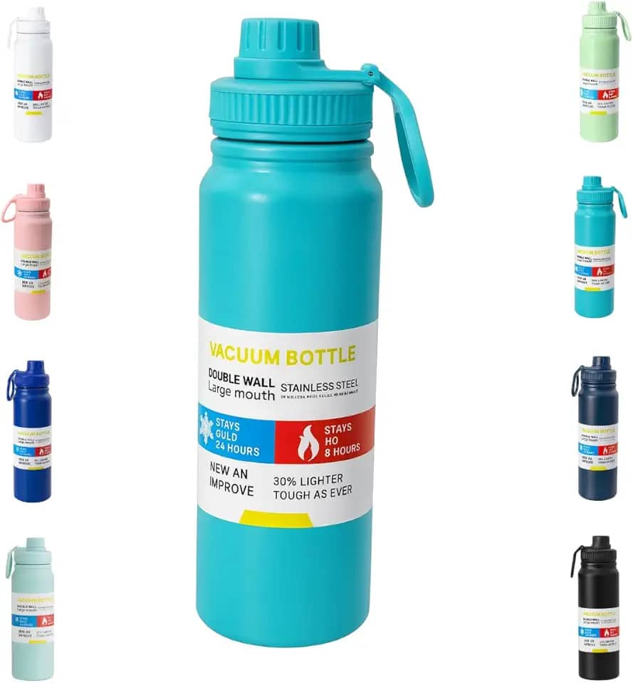 Garrafa De Água Térmica Inox 800ml Parede Dupla com Isolamento a Vácuo Quente e Frio, Antivazamento, Alça e Infusor Ideal para Academia, Caminhada, Escritório, Esportes (Azul celeste)