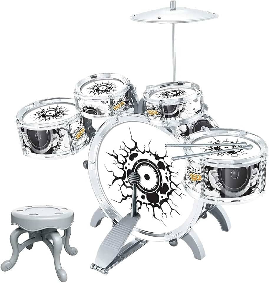 BATERIA INFANTIL ROCK N' ROLL COM BANQUINHO BAQUETA BH STORE (Branca)