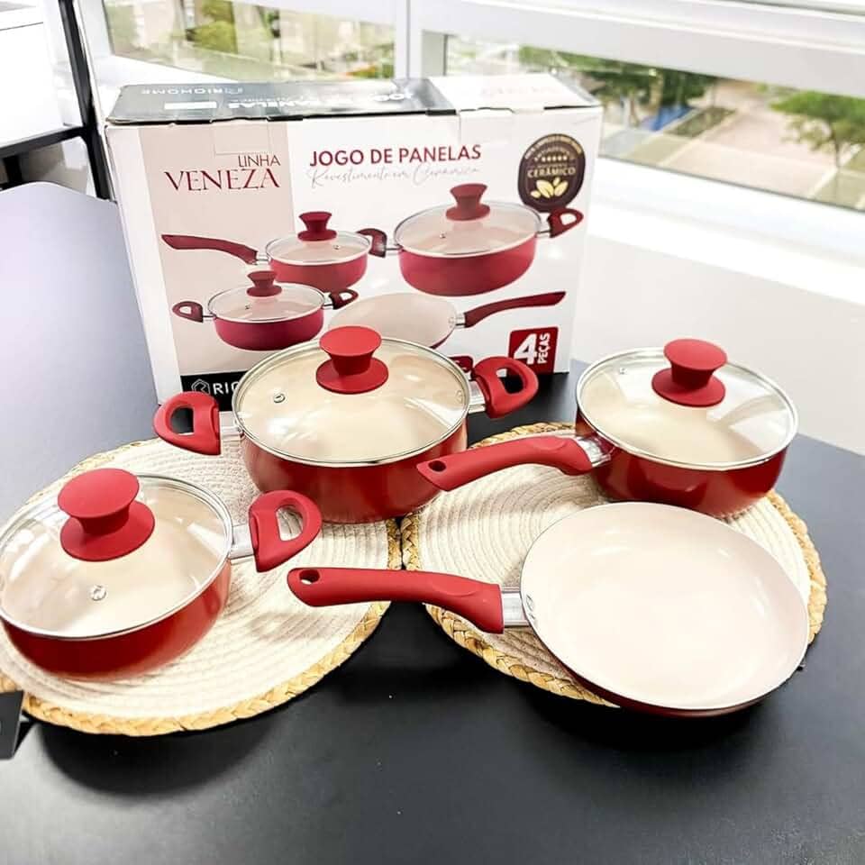 Conjunto de Panelas Cerâmica Antiaderente Jogo 4 Peças Reforçada Tampa de Vidro (Vermelha)
