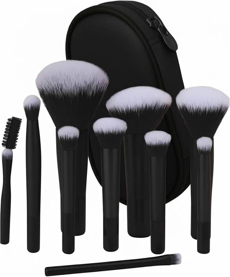 Kit 10 Pincéis de Maquiagem Profissional com Estojo, Cerdas Sintéticas Macias para Base, Pó, Blush e Sombra, Completo para Iniciantes, Portátil para Viagem e Presente (Preto)