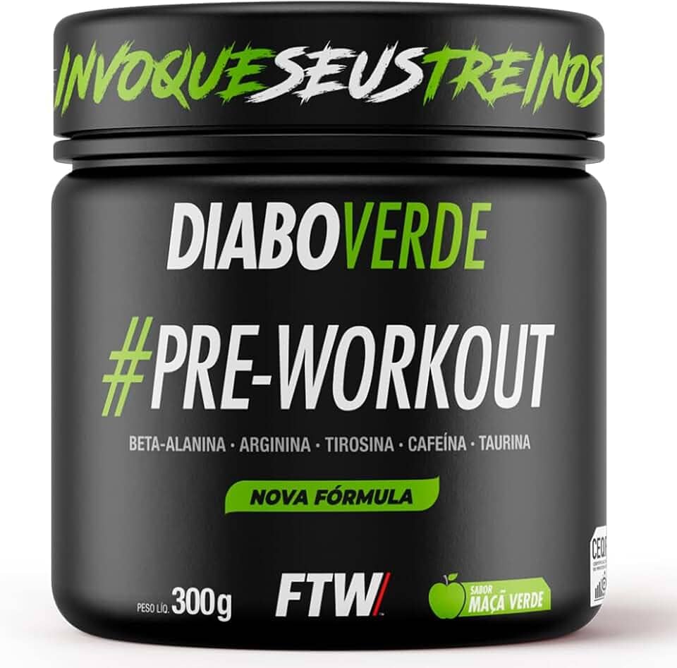 FTW Pré-Treino Diabo Verde em Pó com Cafeína, Aminoácidos Beta‑Alanina e Arginina para Treinos e Atividades Físicas - Pote 300 g (Maça Verde)