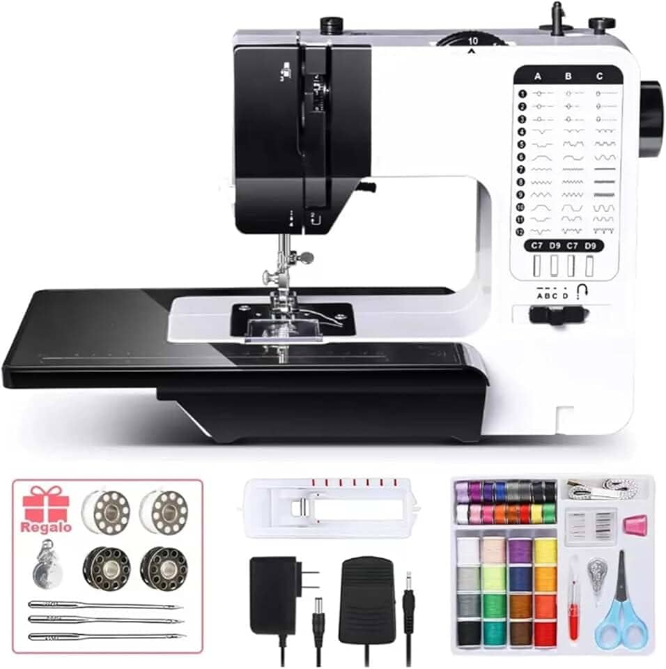 Máquina de Costura Portatil com 38 Pontos Ajustáveis Luz LED,Máquina De Costura Doméstica Com Bancada Ajuste de Comprimento e Largura de Ponto,Casa de Botão Automática,Cortador de Linha - 220v