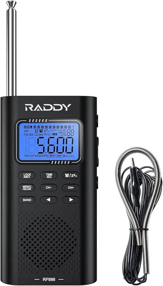 Raddy Rádio de ondas curtas portátil RF886 AM/FM/SW/VHF/WB Conexão BT com NOAA e alerta, bolso recarregável com antena de fio de 2,5 m