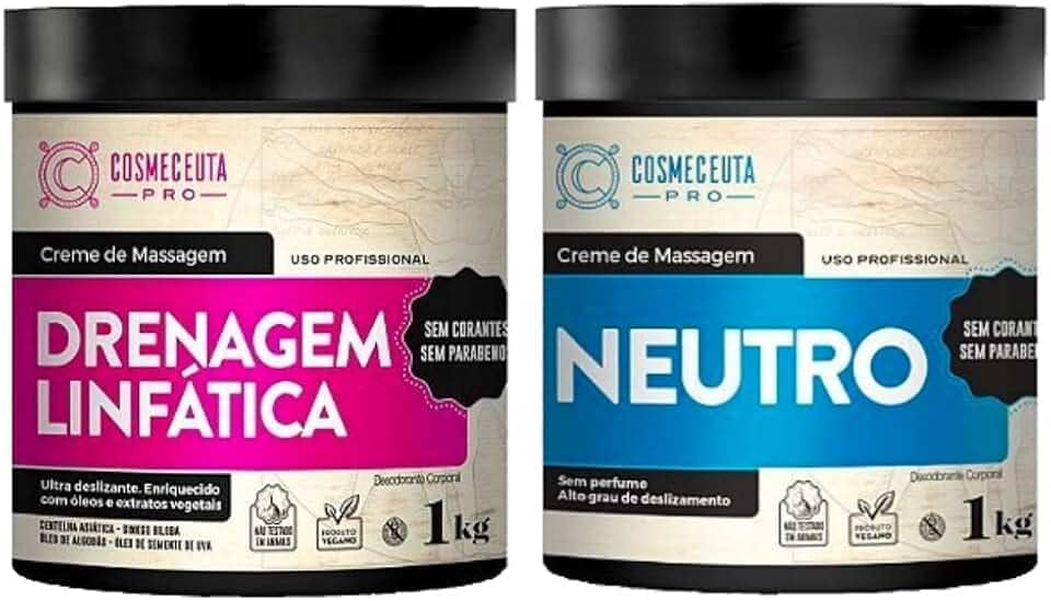 Creme de Massagem Profissional COSMECEUTA Drenagem Linfática + Neutro 1Kg - Alto desempenho, com grande ação deslizante, rendem em média 15 massagens corporais completas