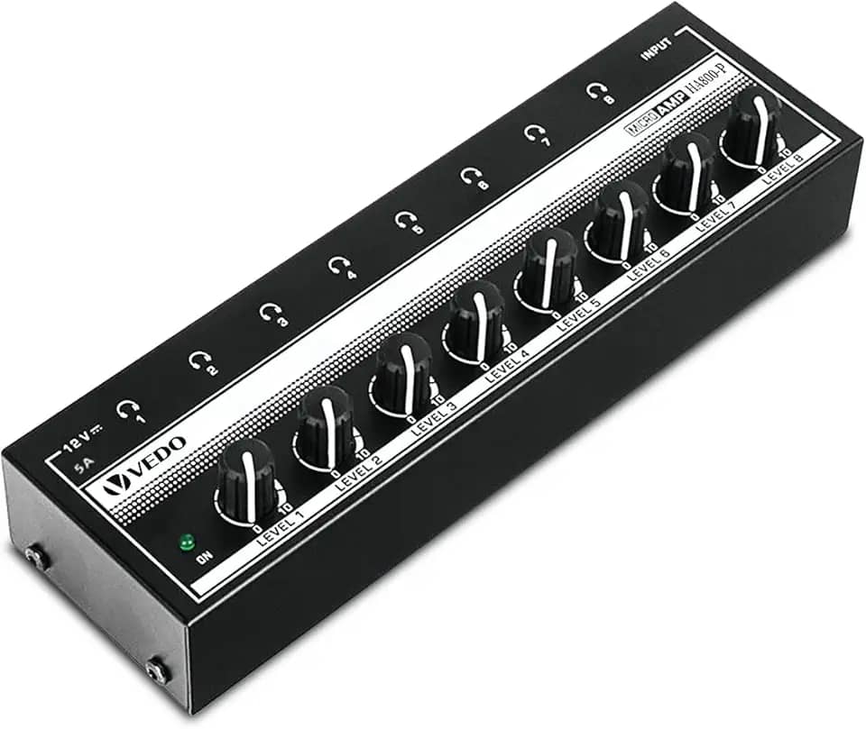 VEDO Amplificador de fone de ouvido, amplificador de áudio estéreo de 8 canais, divisor de fone de ouvido multiportas, mixer para estúdios de gravação e bandas, com 8 portas de saída