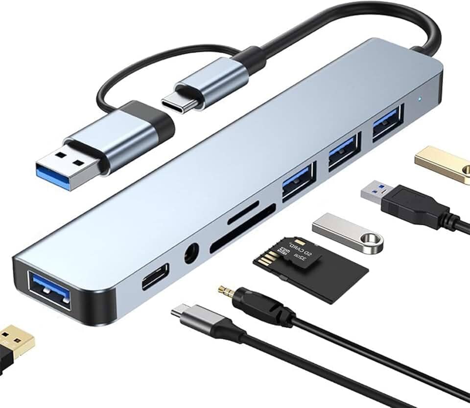Hub USB-C 8 em 1, Adaptador Multifuncional com 3 Portas USB, Leitor de Cartão SD/TF, Entrada de Áudio 3.5mm, Compatível com MacBook, Windows, Linux, Design em Alumínio