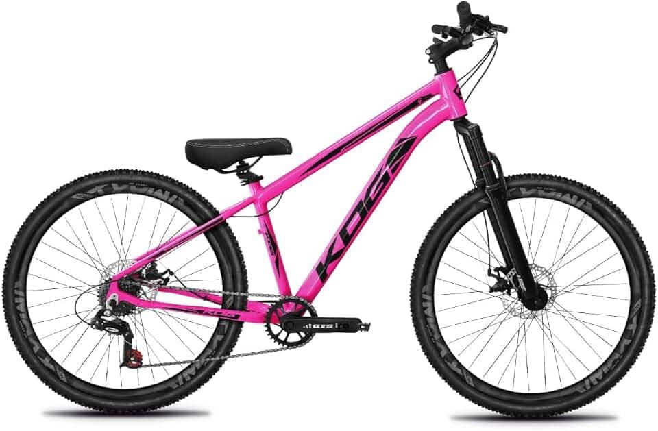 Bicicleta Aro 26 Rebaixada Freeride para Grau, Quadro em Alumínio, Relação 1x7, Aros Vmaxx Coloridos, Pedivela 34D, Suspensão 80mm,Rosa Preto Fosco
