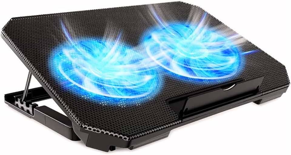 Suporte para Notebook com Ventilador Duplo LED, Base Ergonômica Ajustável em 8 Níveis, Preto, com Porta USB, para Resfriamento de Laptop