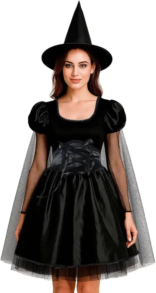 Fantasia Adulta Feminina de Halloween Vestido Bruxa Preto com Capa Gotica Medieval