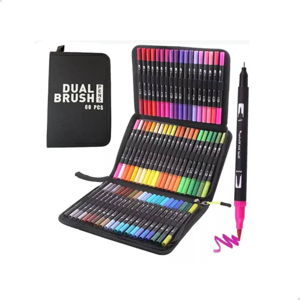 Kit de Canetinhas Dual Brush Ponta Dupla, Marcadoras para Livros de Colorir, Ponta Fina e Pincel, Art Markers, Lettering e Journal com 60 Cores, Estojo para guardar e carregar com Facilidade.