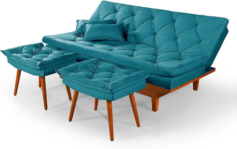 Sofa Cama Reclinavel Caribe Com Duas Banquetas Rubi Suede Azul Turquesa