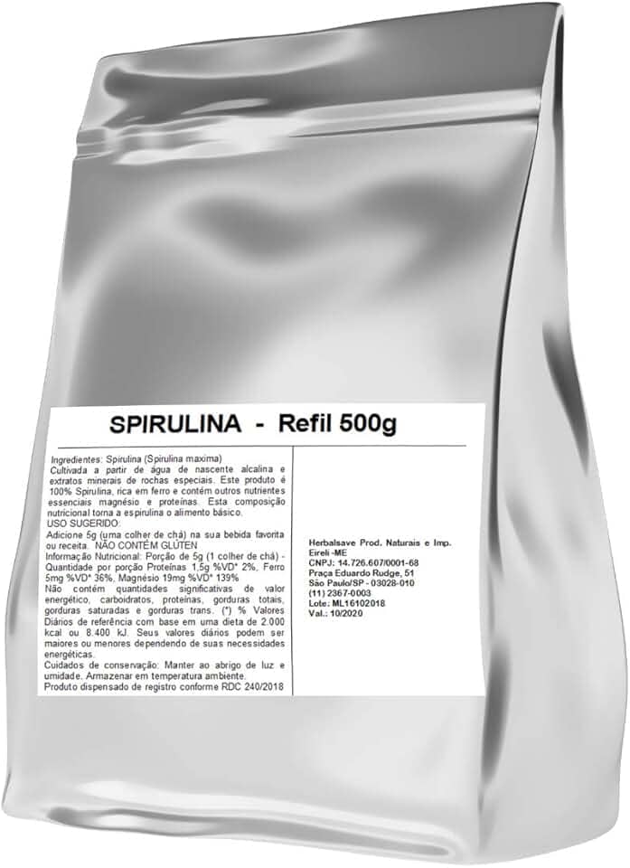 Spirulina em Pó 500g, Espirulina Verde Maxima, Refil, Suplemento Vegano, Rico em Proteínas e Magnésio