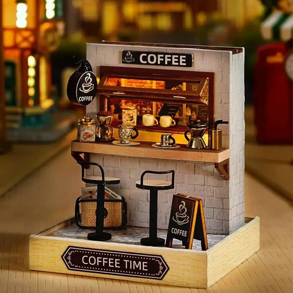 Miniaturas De Casa De Bonecas De Madeira | Kit de casa de bonecas em miniatura DIY com móveis, Kit De Casa DIY Com Capa (Hora do Café)