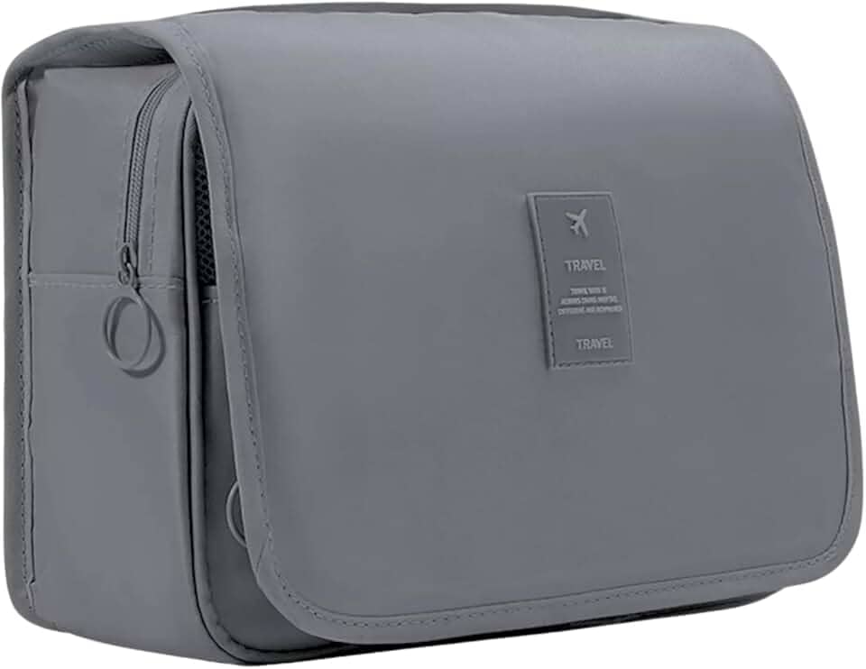 Necessaire Unissex Organizadora Portátil para Viagem e Uso Diário, Bolsos Internos, Fecho com Zíper, com Gancho para Pendurar, Várias Divisórias, Material Premium Resistente à Água (Cinza)