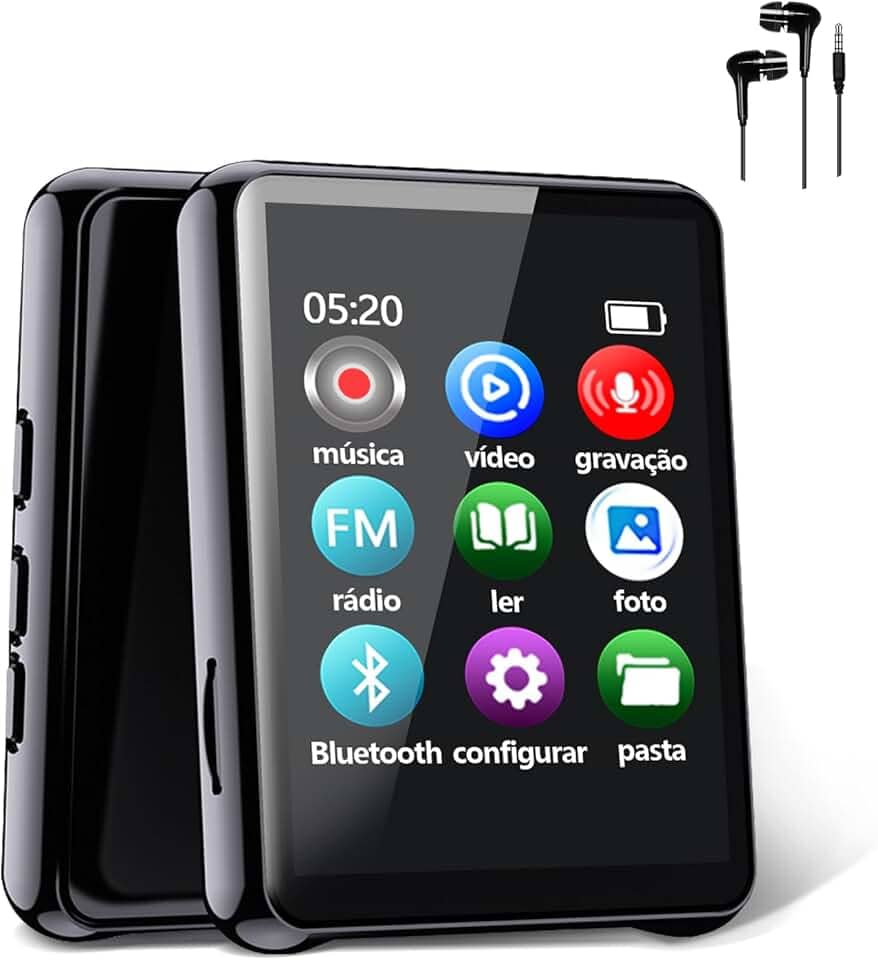 MP3 MP4 Player Music Player Bluetooth 5.0 Música Digital Portátil MP3 Player Bluetooth com Alto-falante Rádio FM Som Preto