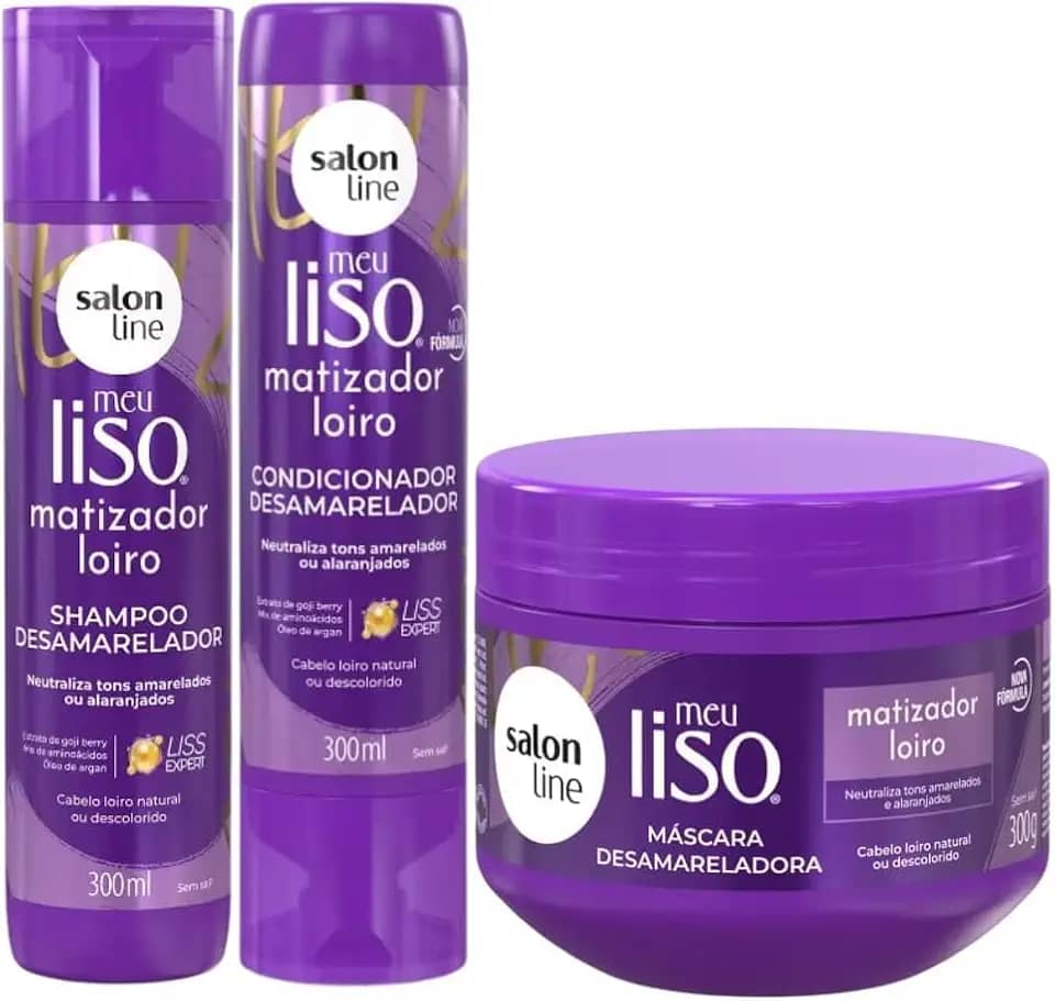 Kit Meu Liso Matizador Loiro com Shampoo e Condicionador 300ml e Máscara Desamareladora 300g Salon Line
