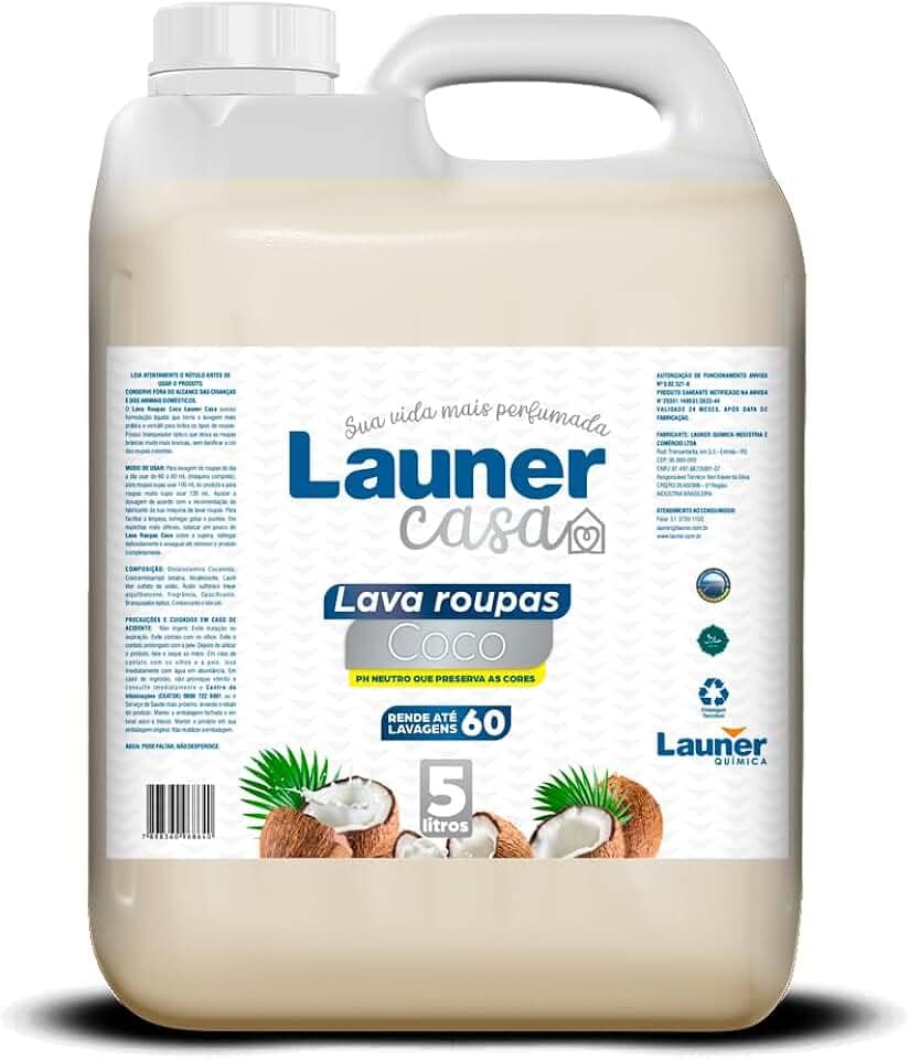 Lava Roupas Coco - Limpeza Profunda, Perfume Natural, Protege Fibras e Roupas Delicadas Launer Casa 5L