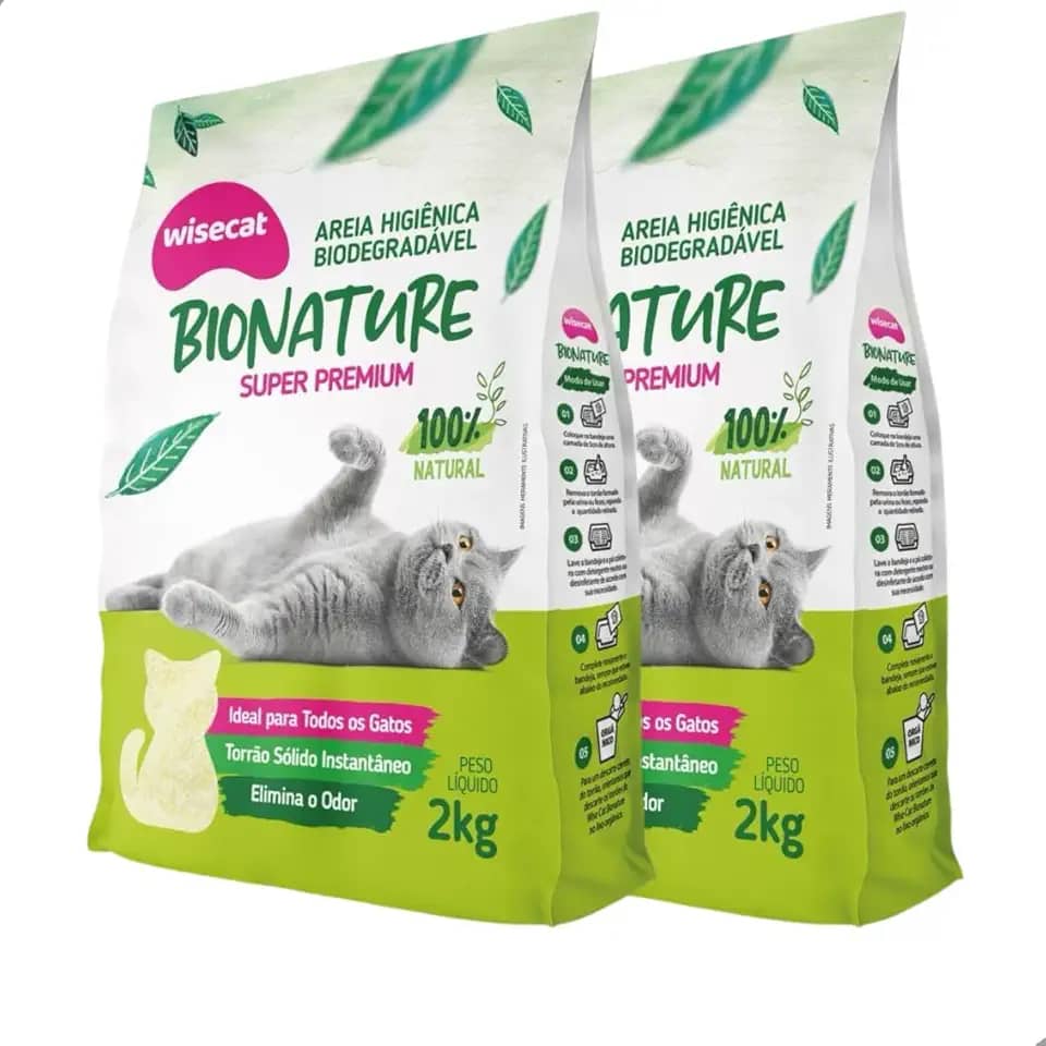 Kit 2 Areia Higiênica Biodegradável 2kg Para Gatos Sanitária BioNature Super Premium Mandioca Natural